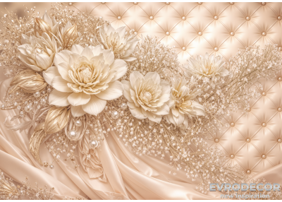 Луксозен фототапет с кремави цветя, перли и капитониран ефект